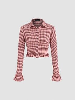 Cider Collar Check Ruffle Trim Long Sleeve Blouse